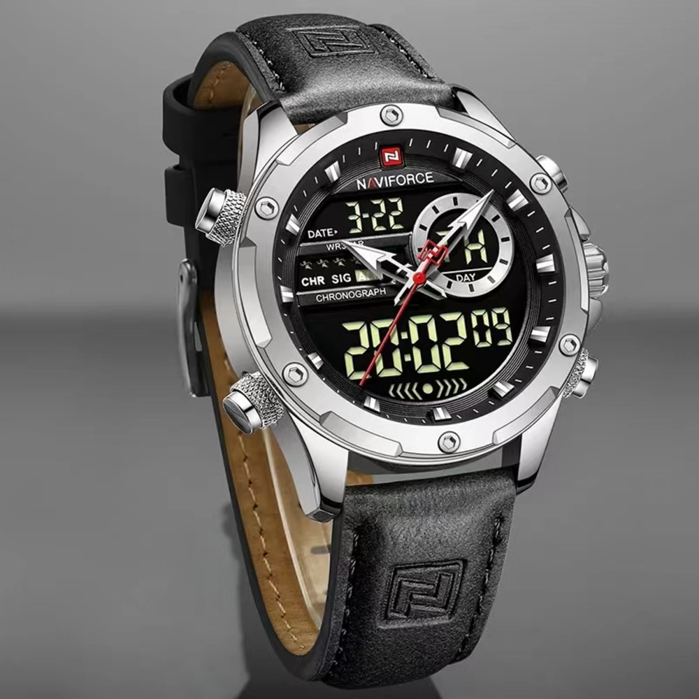Leather Watch Band Men - Часы NAVIFORCE мужские с двумя дисплеями,