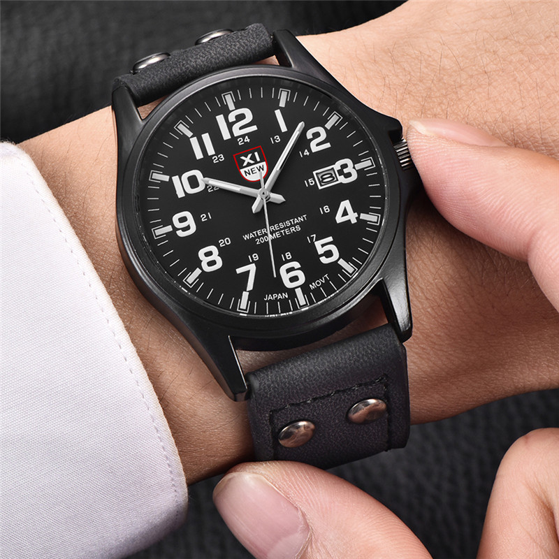 Leather Watch Band Men - Натуральные брендовые мужские часы XINEW, черные