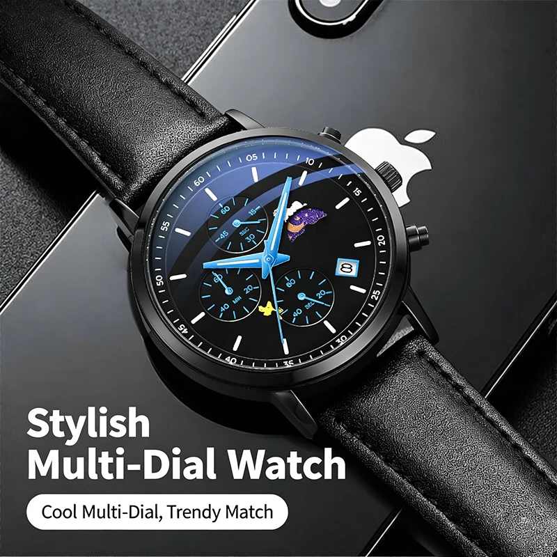 Leather Watch Band Men - Мужские студенческие кварцевые наручные часы, многофункциональный
