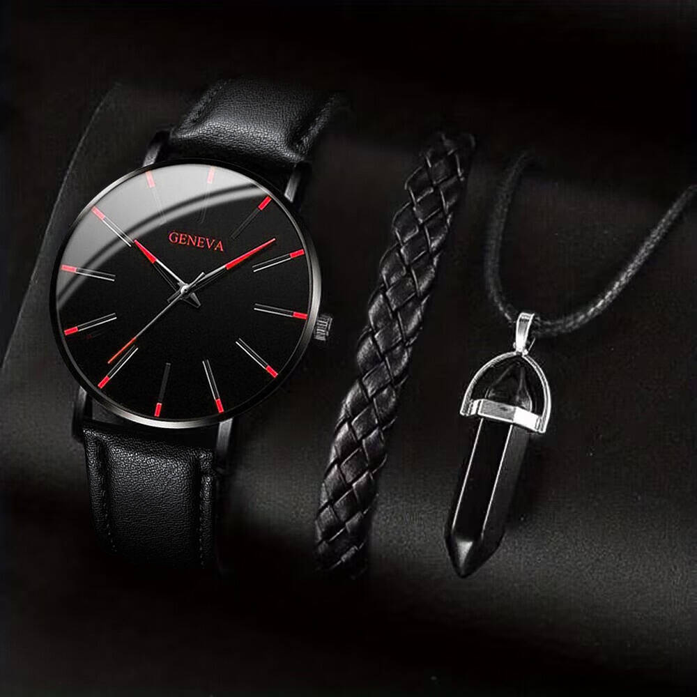 Leather Watch Band Men - 3 шт./комплект, Мужские кварцевые наручные часы